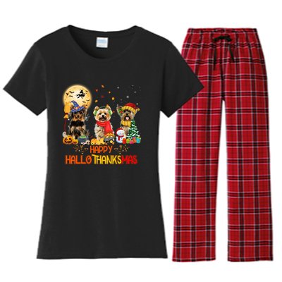 Yorkie Dog Halloween Thanksgiving Happy Hallothanksmas Women's Flannel Pajama Set