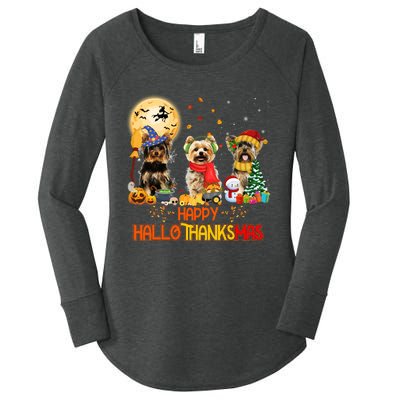 Yorkie Dog Halloween Thanksgiving Happy Hallothanksmas Women's Perfect Tri Tunic Long Sleeve Shirt