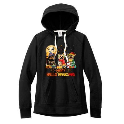 Yorkie Dog Halloween Thanksgiving Happy Hallothanksmas Women's Fleece Hoodie