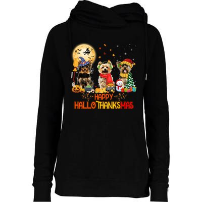 Yorkie Dog Halloween Thanksgiving Happy Hallothanksmas Womens Funnel Neck Pullover Hood