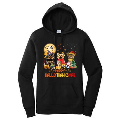 Yorkie Dog Halloween Thanksgiving Happy Hallothanksmas Women's Pullover Hoodie