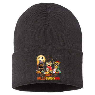 Yorkie Dog Halloween Thanksgiving Happy Hallothanksmas Sustainable Knit Beanie