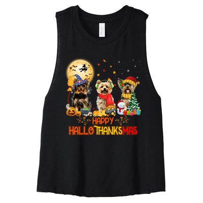 Yorkie Dog Halloween Thanksgiving Happy Hallothanksmas Women's Racerback Cropped Tank