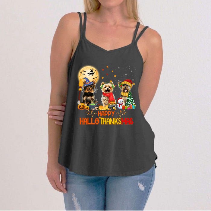 Yorkie Dog Halloween Thanksgiving Happy Hallothanksmas Women's Strappy Tank