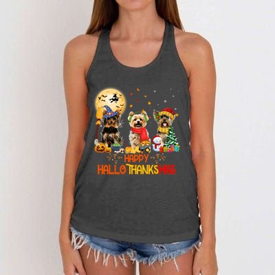 Yorkie Dog Halloween Thanksgiving Happy Hallothanksmas Women's Knotted Racerback Tank