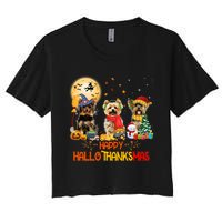 Yorkie Dog Halloween Thanksgiving Happy Hallothanksmas Women's Crop Top Tee