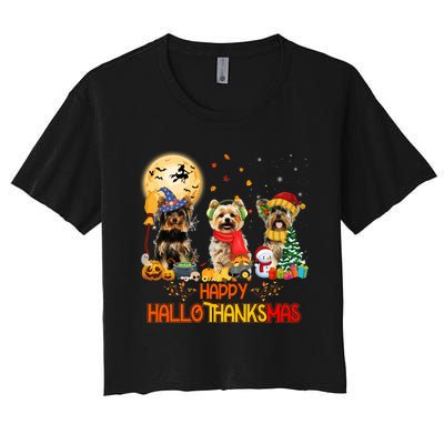 Yorkie Dog Halloween Thanksgiving Happy Hallothanksmas Women's Crop Top Tee