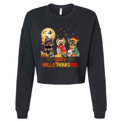 Yorkie Dog Halloween Thanksgiving Happy Hallothanksmas Cropped Pullover Crew