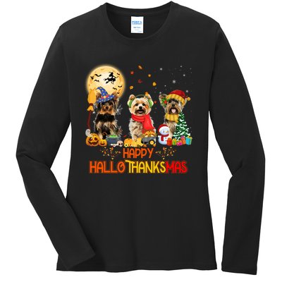 Yorkie Dog Halloween Thanksgiving Happy Hallothanksmas Ladies Long Sleeve Shirt