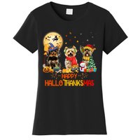 Yorkie Dog Halloween Thanksgiving Happy Hallothanksmas Women's T-Shirt