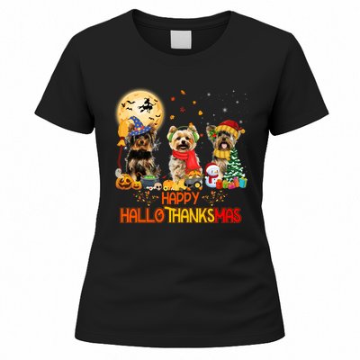 Yorkie Dog Halloween Thanksgiving Happy Hallothanksmas Women's T-Shirt