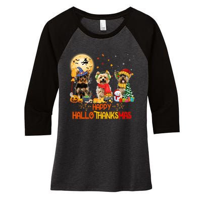 Yorkie Dog Halloween Thanksgiving Happy Hallothanksmas Women's Tri-Blend 3/4-Sleeve Raglan Shirt