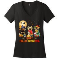 Yorkie Dog Halloween Thanksgiving Happy Hallothanksmas Women's V-Neck T-Shirt