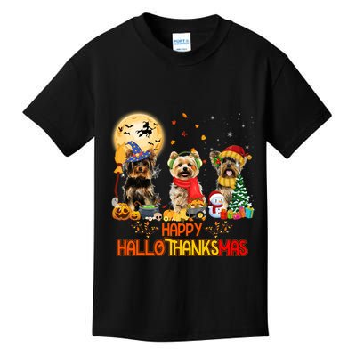 Yorkie Dog Halloween Thanksgiving Happy Hallothanksmas Kids T-Shirt