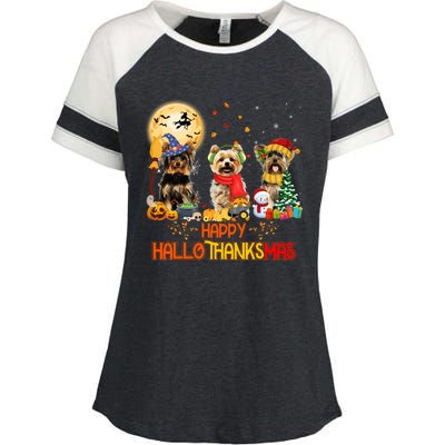 Yorkie Dog Halloween Thanksgiving Happy Hallothanksmas Enza Ladies Jersey Colorblock Tee