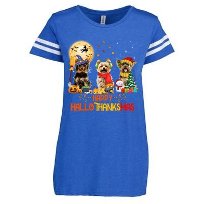 Yorkie Dog Halloween Thanksgiving Happy Hallothanksmas Enza Ladies Jersey Football T-Shirt