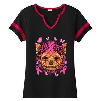 Yorkie Dog & Pink Ribbon Breast Cancer Awareness Girls Ladies Halftime Notch Neck Tee