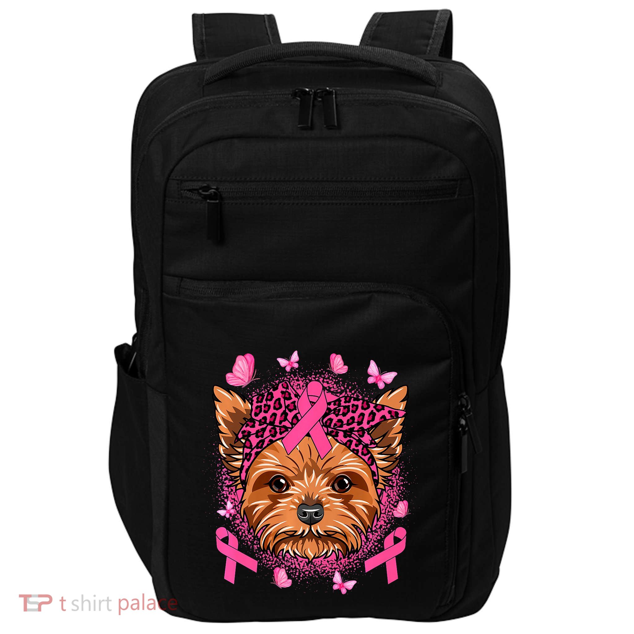 Yorkie Dog & Pink Ribbon Breast Cancer Awareness Girls Impact Tech Backpack