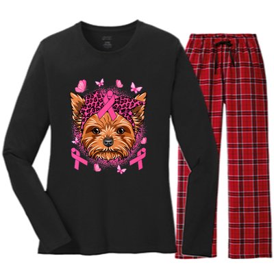 Yorkie Dog & Pink Ribbon Breast Cancer Awareness Girls Women's Long Sleeve Flannel Pajama Set 