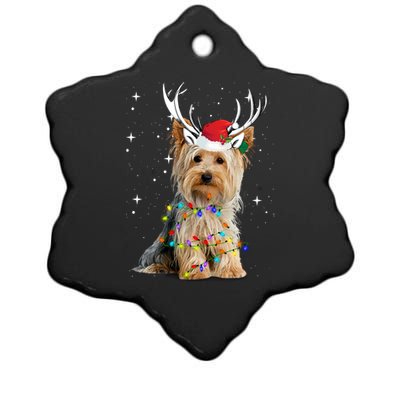 Yorkie Dog Reindeer Christmas Lights Funny Gift Ceramic Star Ornament