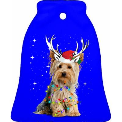 Yorkie Dog Reindeer Christmas Lights Funny Gift Ceramic Bell Ornament