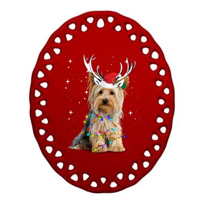 Yorkie Dog Reindeer Christmas Lights Funny Gift Ceramic Oval Ornament