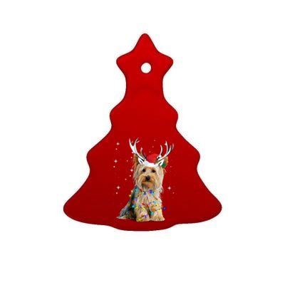 Yorkie Dog Reindeer Christmas Lights Funny Gift Ceramic Tree Ornament