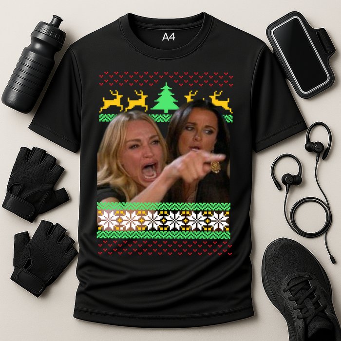 Yelling At A Cat Ugly Christmas Sweater Meme Cooling Performance Crew T-Shirt
