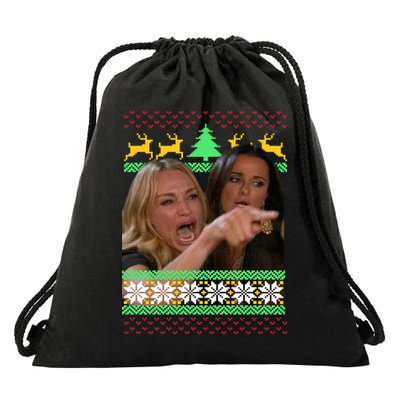 Yelling At A Cat Ugly Christmas Sweater Meme Drawstring Bag