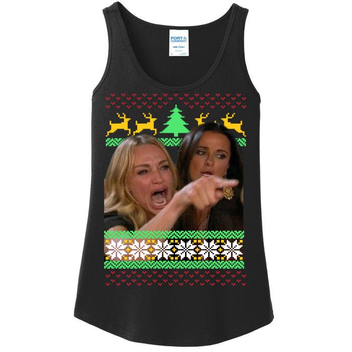 Yelling At A Cat Ugly Christmas Sweater Meme Ladies Essential Tank