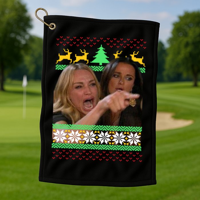 Yelling At A Cat Ugly Christmas Sweater Meme Golf Towel