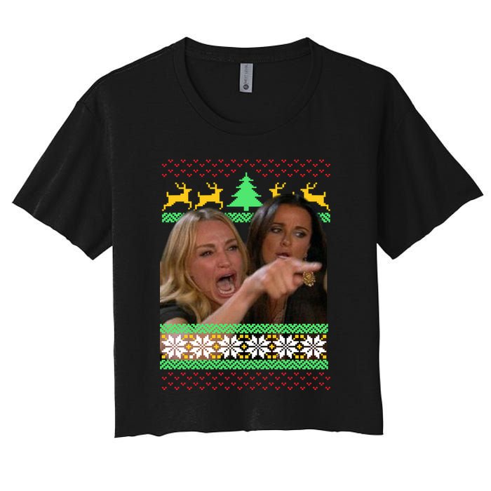 Yelling At A Cat Ugly Christmas Sweater Meme Women's Crop Top Tee