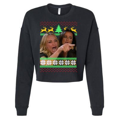Yelling At A Cat Ugly Christmas Sweater Meme Cropped Pullover Crew