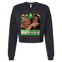 Yelling At A Cat Ugly Christmas Sweater Meme Cropped Pullover Crew