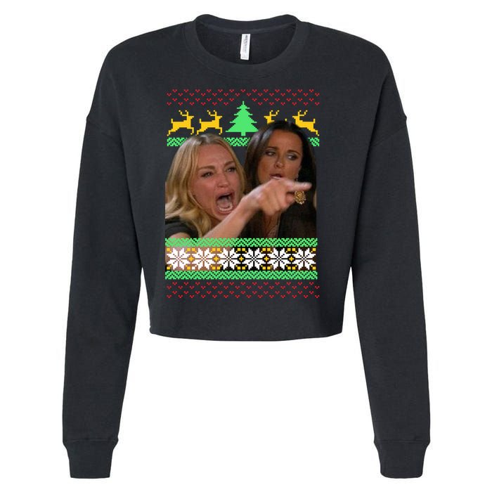Yelling At A Cat Ugly Christmas Sweater Meme Cropped Pullover Crew