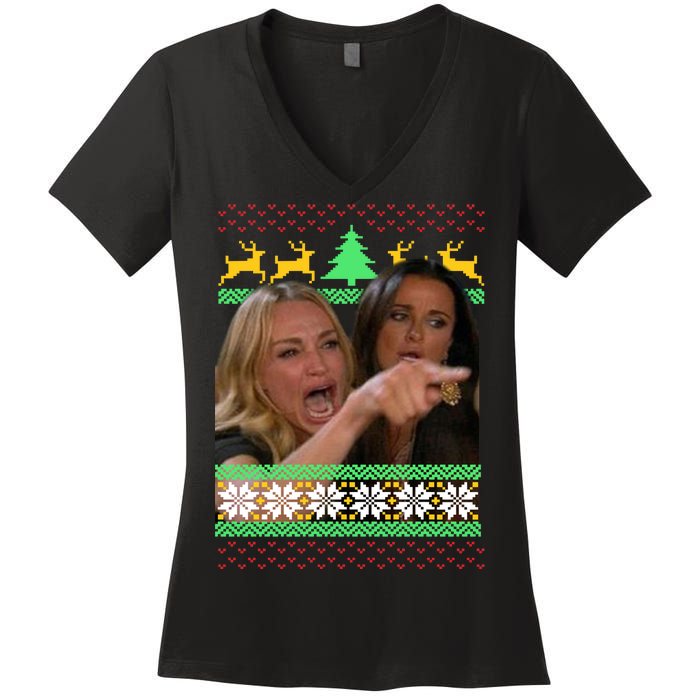 Yelling At A Cat Ugly Christmas Sweater Meme Women's V-Neck T-Shirt