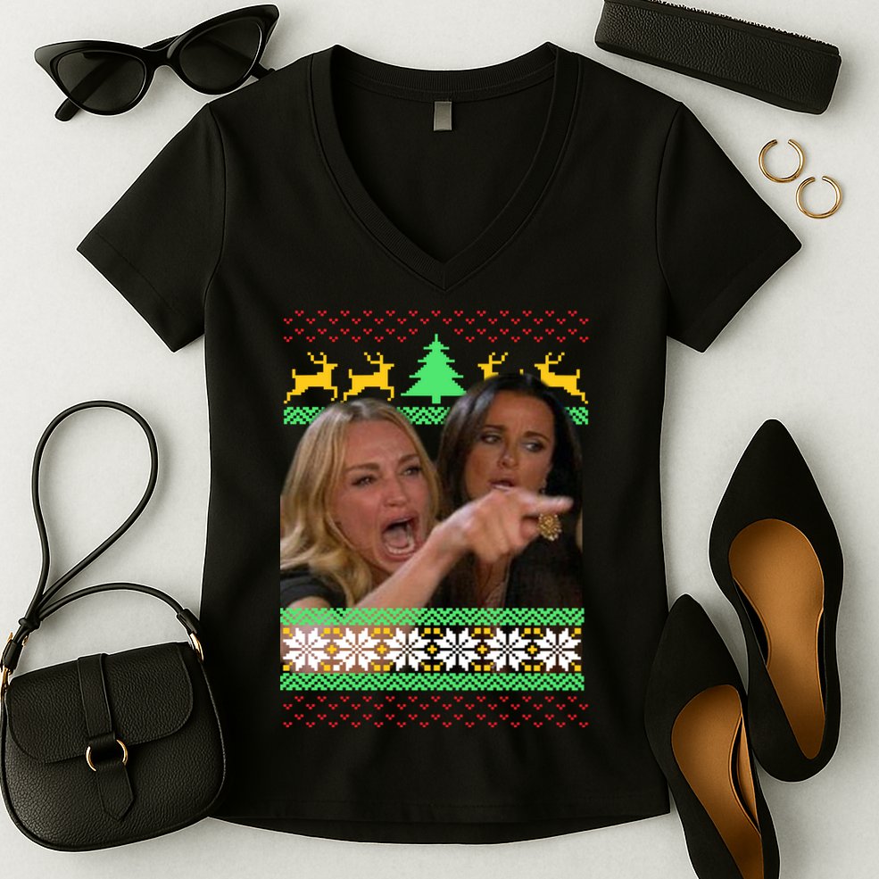 Yelling At A Cat Ugly Christmas Sweater Meme Women's V-Neck T-Shirt