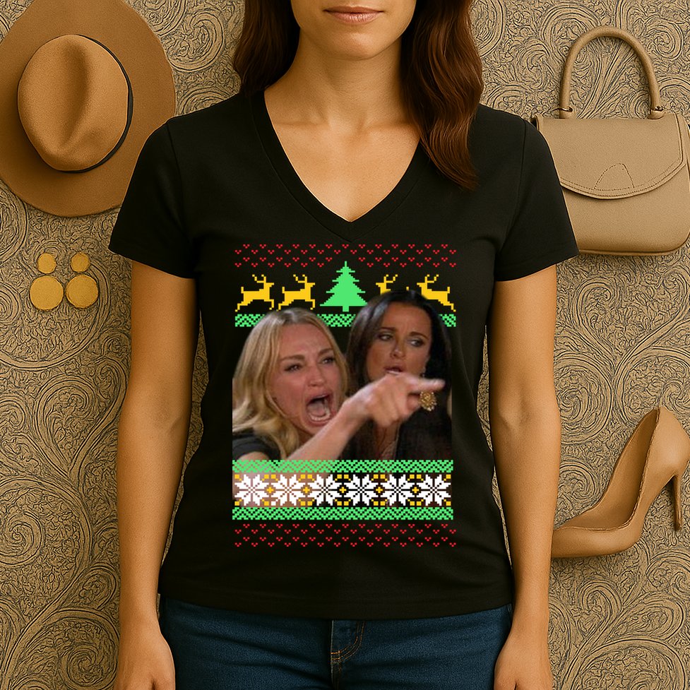 Yelling At A Cat Ugly Christmas Sweater Meme Women's V-Neck T-Shirt