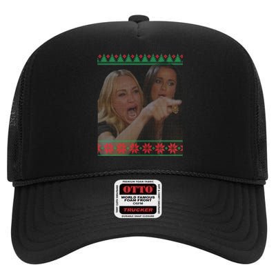 Yelling At Cat Meme Funny Ugly Christmas High Crown Mesh Back Trucker Hat