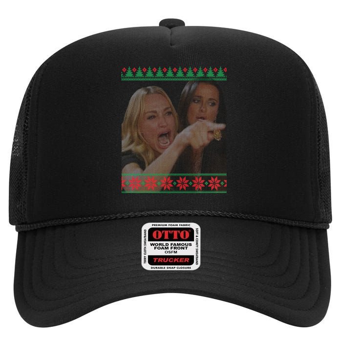 Yelling At Cat Meme Funny Ugly Christmas High Crown Mesh Back Trucker Hat