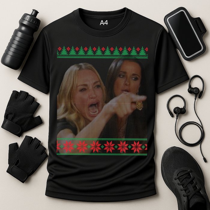 Yelling At Cat Meme Funny Ugly Christmas Cooling Performance Crew T-Shirt
