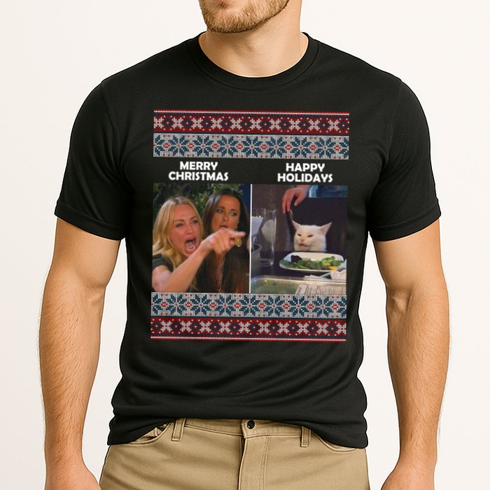 Yelling Cat Meme Christmas Sweater Funny Cooling Performance Crew T-Shirt