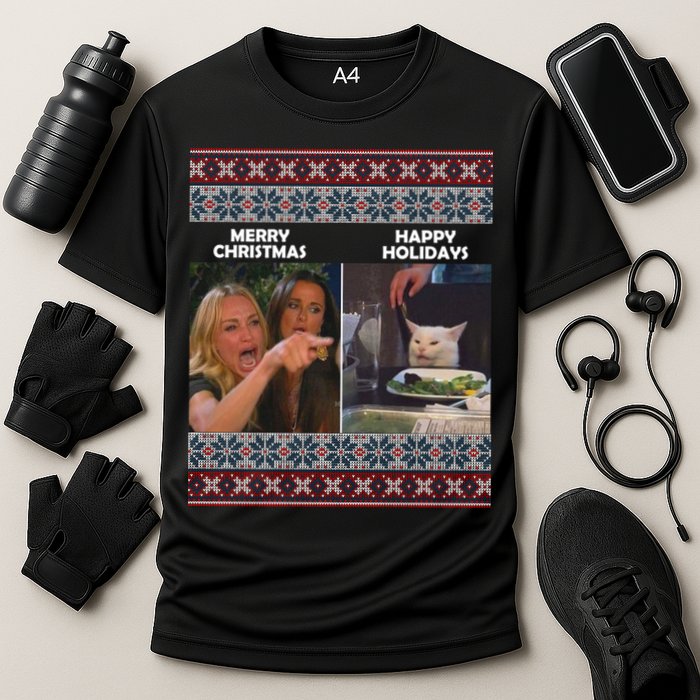 Yelling Cat Meme Christmas Sweater Funny Cooling Performance Crew T-Shirt