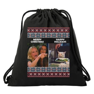Yelling Cat Meme Christmas Sweater Funny Drawstring Bag