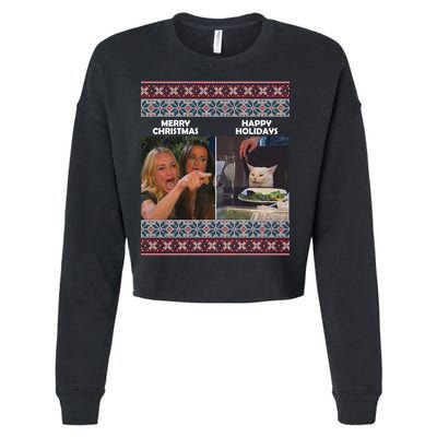 Yelling Cat Meme Christmas Sweater Funny Cropped Pullover Crew