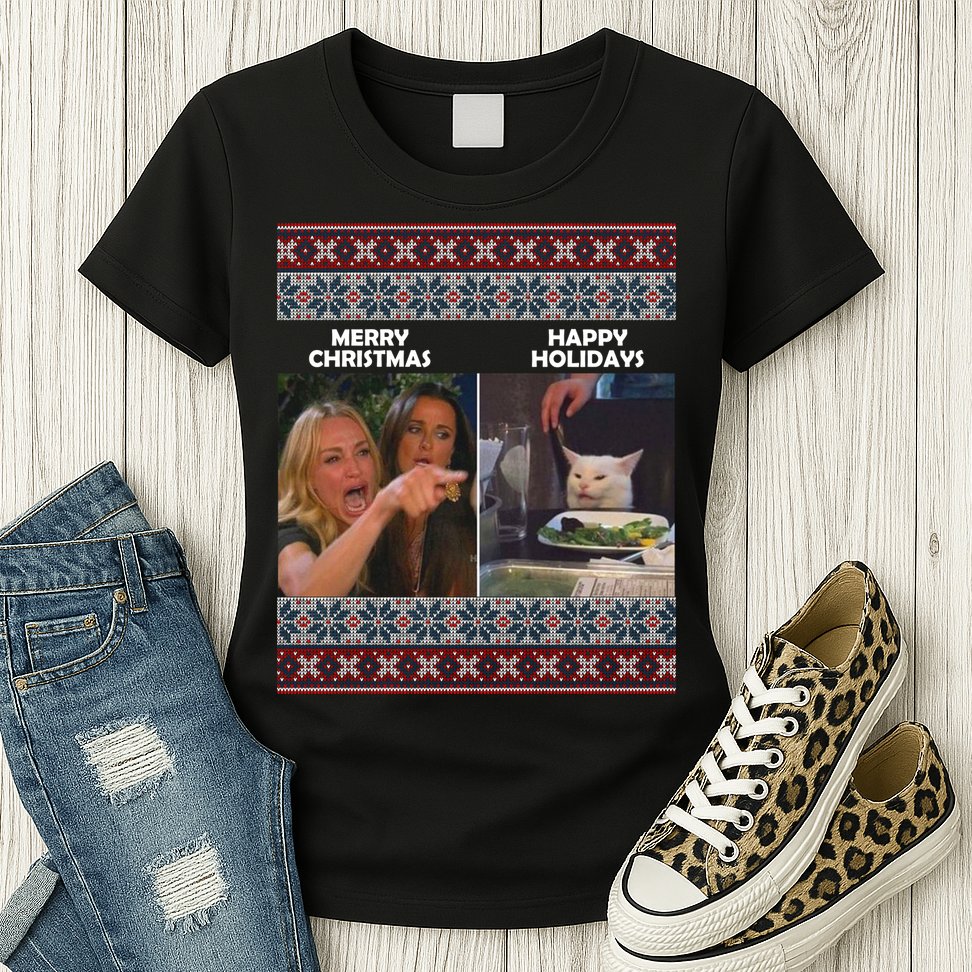 Yelling Cat Meme Christmas Sweater Funny Womens T-Shirt