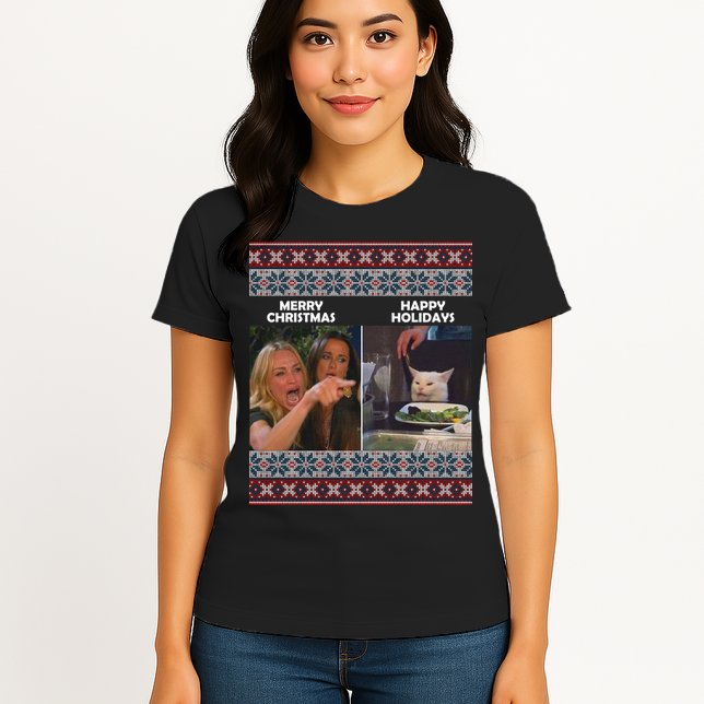 Yelling Cat Meme Christmas Sweater Funny Womens T-Shirt