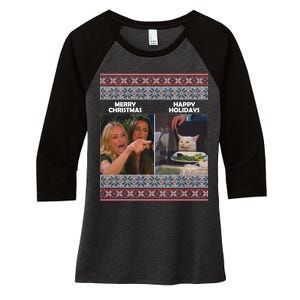 Yelling Cat Meme Christmas Sweater Funny Women's Tri-Blend 3/4-Sleeve Raglan Shirt