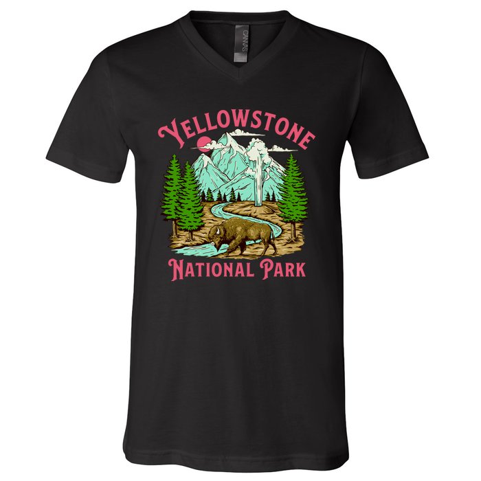 Yellowstone National Park Illustration V-Neck T-Shirt