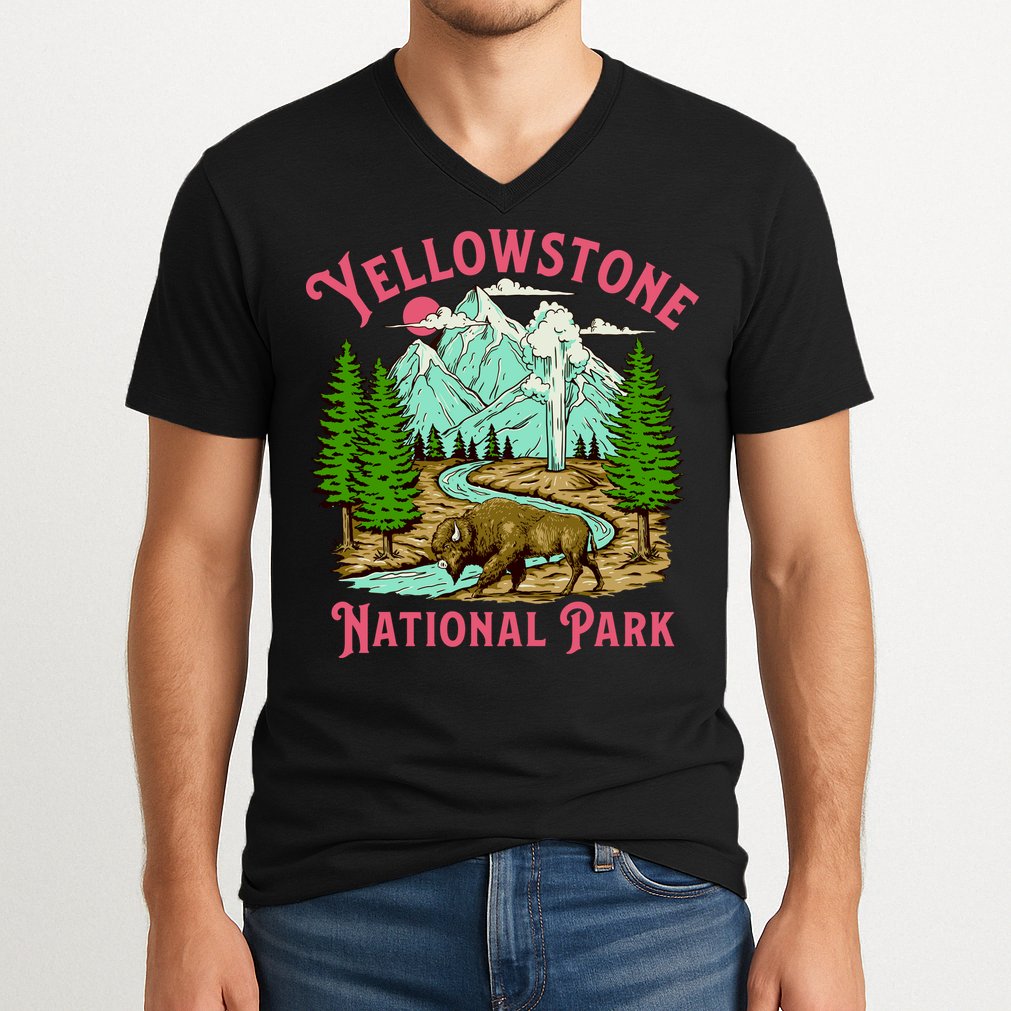Yellowstone National Park Illustration V-Neck T-Shirt
